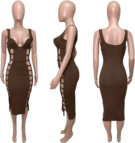 Vista 6 de acelyn Vestido ajustado con tirantes delgados para mujer, sexy, cuello en V profundo, sin mangas, con abertura, vestido midi para fiesta, club