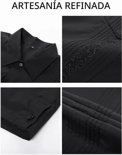 Vista 6 de Camisas guayabera de manga larga para hombre Negro