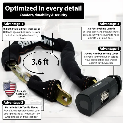 Vista 4 de KOHLBURG - Candado combinado resistente para bicicleta [vendido oro seguro] 43 pulgadas de largo Maximum Security – Anti Theft Bike Chain Lock