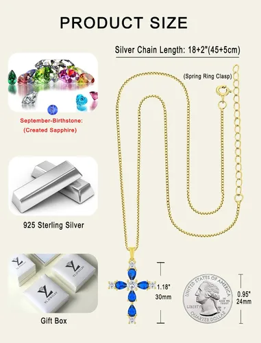 Vista 46 de YL Collar de cruz de plata de ley 925 con colgante de piedra natal religiosa para mujer