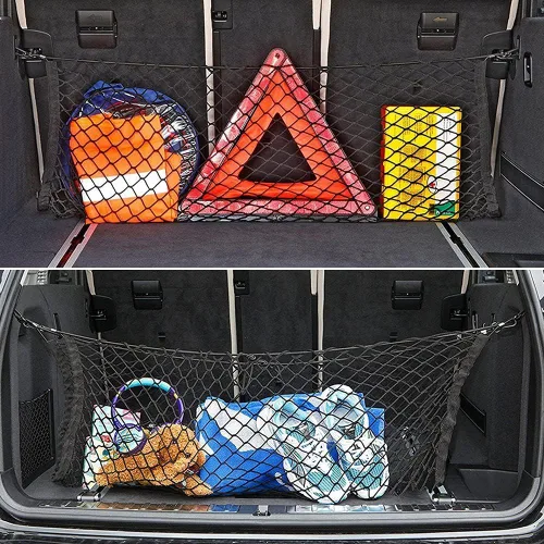 Vista 6 de Red de carga trasera para automóvil, organizador de red elástica ajustable universal para almacenamiento de carga en maletero compatible con SUV