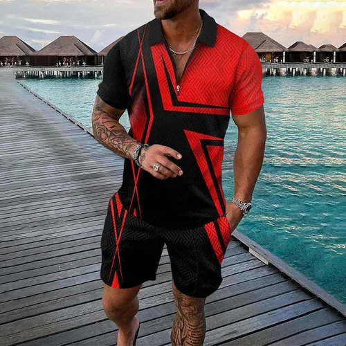 Vista 2 de Conjunto corto de 2 piezas para hombre, conjunto deportivo de verano de manga corta, polo y pantalones cortos, conjunto casual y elegante para correr
