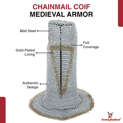 Vista 20 de Armory Replicas Medieval Chainmail Coif Armor, Mild Steel, 18.75 Inches Silver