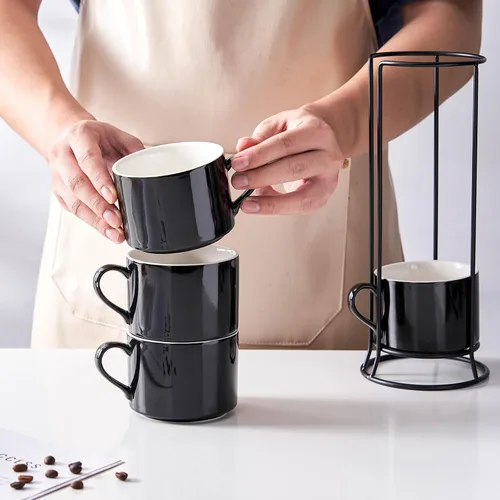 Vista 5 de Juego de 4 tazas de café apilables de 10 onzas con soporte de Negro