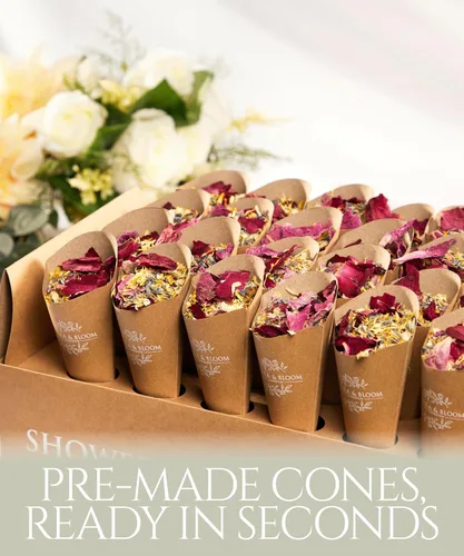 Vista 4 de Flora & Bloom Confeti biodegradable con conos preconstruidos Flores secas (6 litros) Kit de confeti de boda Conos abiertos y bandeja Jazmín