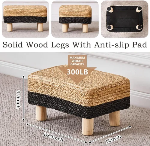 Vista 3 de Wimarsbon Reposapiés Otomán Rectangular de Hierba Marina Natural Reposapiés Pouf Otomanes con Patas de Madera Tejido a Mano Taburete Escalón
