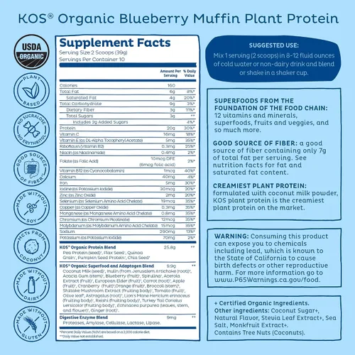 Vista 9 de KOS Proteína en polvo a base de plantas, muffin de arándano - Superalimento de proteína de guisantes orgánico con mezcla de espirulina y apoyo