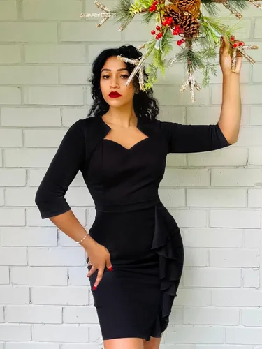 Vista 4 de Knitee Vestido retro de los años 50, manga 34, con volantes, cuello cuadrado, para negocios, cóctel, vestido de tubo