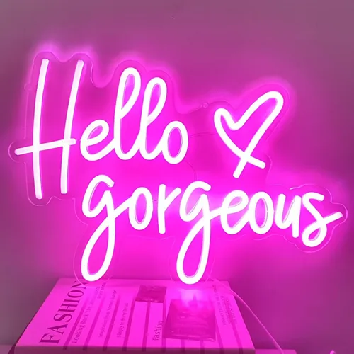 Vista 22 de Letrero de neón LED con texto en inglés «Hello Gorgeous LED», luz nocturna de neón para pared, fiesta de cumpleaños, boda, bar, club, decoración