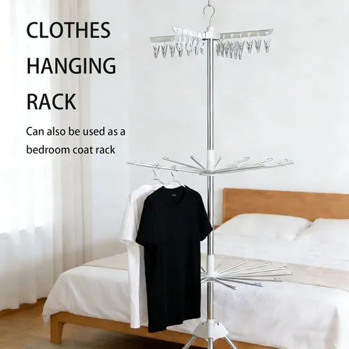 Vista 5 de Estante de secado de ropa que ahorra espacio, trípode de acero de 64 pulgadas, plegable, con 4 brazos giratorios para 24 perchas, 3 patas, para 30