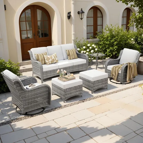 Vista 52 de Juego de muebles de exterior para patio, silla y sofá (ratán marrón, beige, 3 piezas)