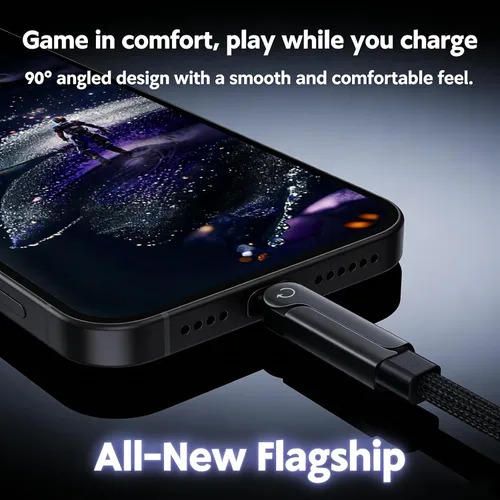 Vista 5 de Cable de carga rápida trenzado de 240 W con soporte para teléfono integrado, cable USB-C plegable duradero de 90 grados, cable USB C de ángulo