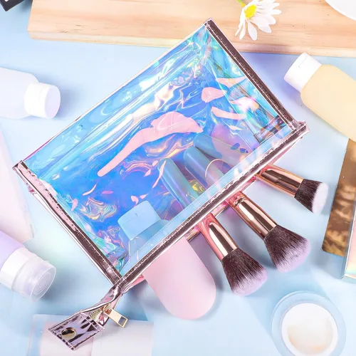 Vista 4 de BESARME Bolsas de Maquillaje Holograma para Mujeres, Bolsas de Aseo Transparentes con Cremallera Portátiles, Relleno en Masa
