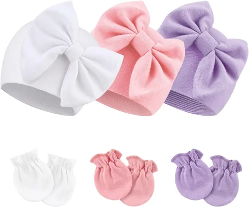 Vista 27 de BQUBO Gorros para Niñas Recién Nacidas Conjunto de Gorro y Manoplas para Bebé Gorros para Infantes con Moño Gorro de Hospital con Manoplas