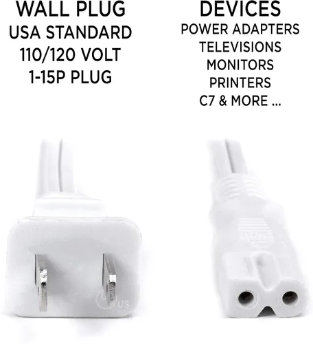 Vista 8 de THE CIMPLE CO Cable de alimentación polarizado blanco de 2 clavijas de 3 pies – Cable de alimentación de CA con enchufe cuadrado/redondo