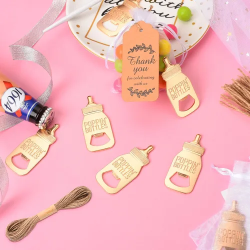 Vista 4 de 50 piezas de abrebotellas con efecto pop para baby shower, lindos recuerdos de abrebotellas con bolsas de organza, regalos de regreso