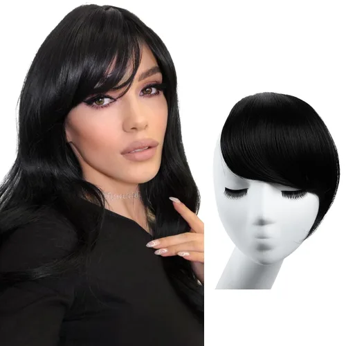 Vista 19 de SARLA Flequillo lateral negro marrón con clip en piezas de cabello sintético, extensión de flequillo recto para mujeres