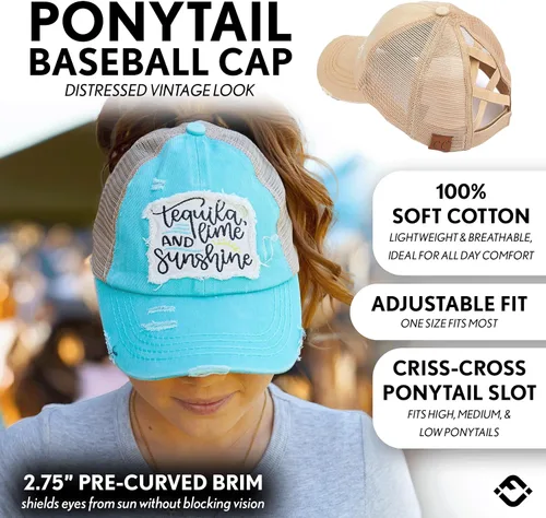 Vista 7 de Funky Junque Gorra de béisbol con cola de caballo cruzada, gorra de malla