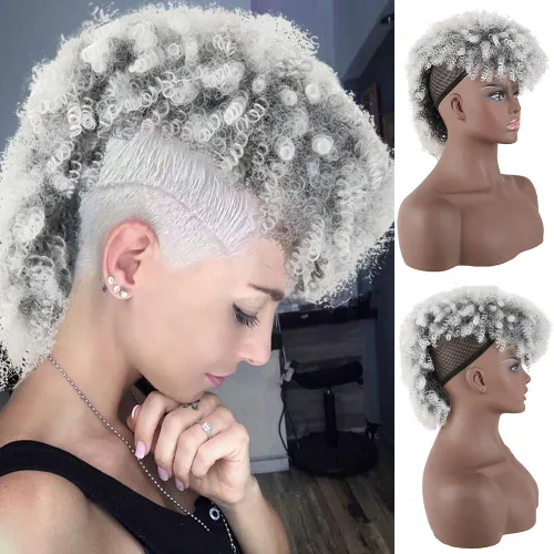 Vista 6 de KRSI Cola de caballo de pelo alto afro con flequillo, moño sintético rizado Mohawk Kinkys rizado cola de caballo con clip en colas de caballo