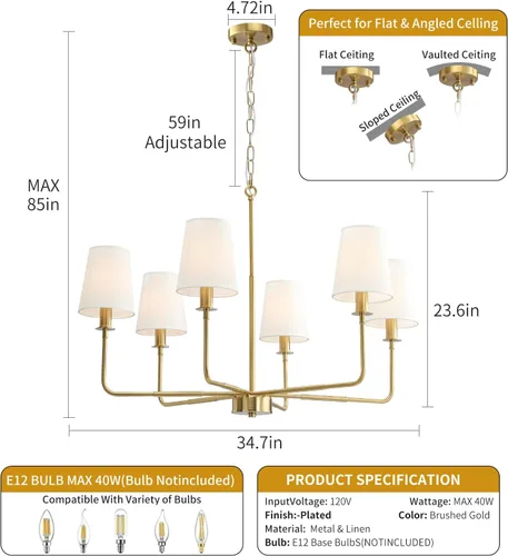 Vista 3 de Candelabro clásico de 6 luces con acabado dorado cepillado y pantallas de lino, base E12, lámpara rústica de techo para isla de cocina, comedor