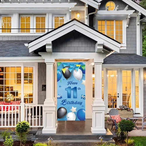 Vista 4 de Cartel azul de feliz cumpleaños número 11, globos de fondo de estrellas, confeti y saludos a los 11 años, decoración temática de puerta, porche