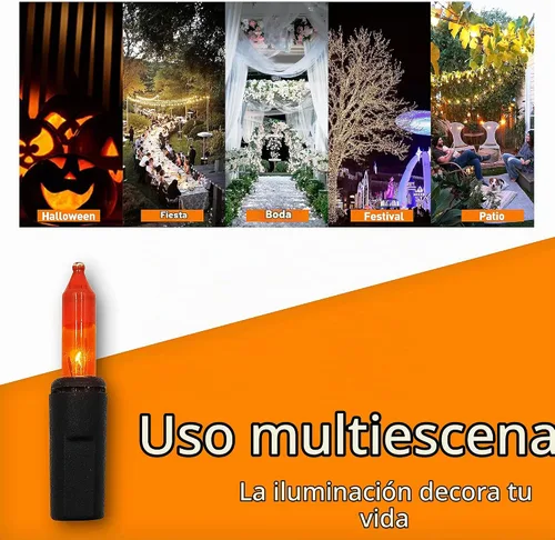 Vista 5 de Guirnalda de luces naranjas de Halloween para exteriores, 100 mini impermeables, incandescentes, decoración de interiores, enchufable, 23 pies