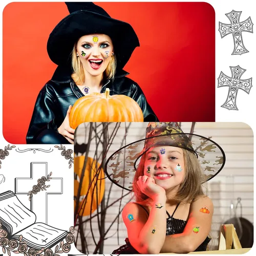 Vista 4 de 240 tatuajes cristianos religiosos de Halloween, tatuajes temporales para niños, con purpurina, Halloween, Biblia, calabazas, murciélagos, arañas