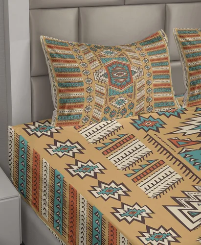 Vista 2 de Ambesonne Tribal Sheet Set, Secret Tribe Pattern in Bohemian Style, Fitted and Flat Sheet with Pillowcases Bedding Accent 4 Piece Set, Queen