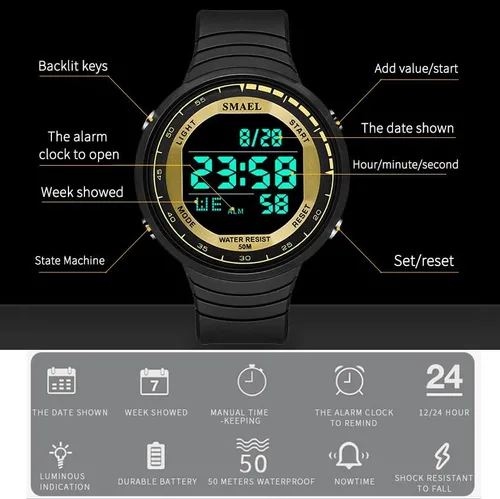 Vista 3 de SMAEL Relojes digitales de 164.0ft, impermeables, deportivos, cronómetro, reloj despertador, reloj automático, fecha 1925, reloj digital militar