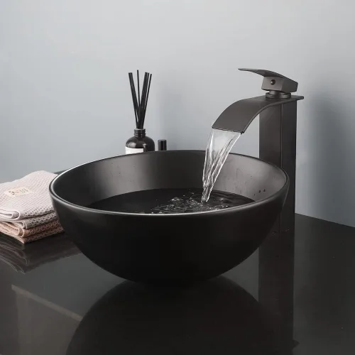 Vista 4 de Fregadero de baño de cerámica negra de 13 pulgadas con grifo mezclador, cuenco redondo para fregadero de baño con grifo de cascada y drenaje