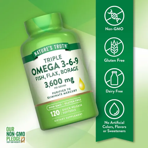 Vista 3 de Nature's Truth Omega 3-6-9 cápsulas blandas 3600 mg 120 unidades Aceite de pescado, lino y borraja Triple fuerza Suplemento sin OMG y sin
