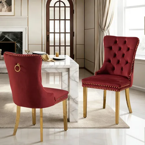 Vista 90 de Juego de 2 sillas de comedor de terciopelo con patas de madera, color beige Mid Century Modern Dining Chairs,Upholstered Chairs with Nailhead