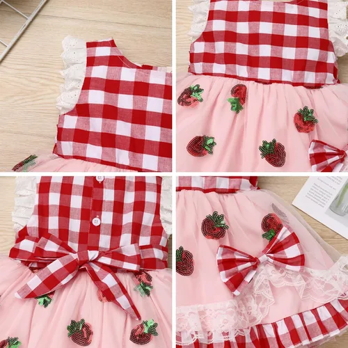 Vista 4 de IDOPIP Baby Girls Gingham Tutu Dress Sequin Strawberry Cow Print Princess Birthday Party Dresses with Headband 2PCS Outfit