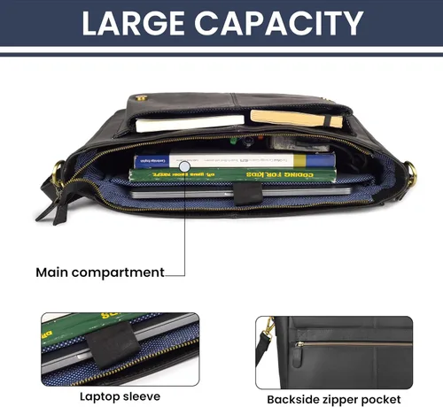 Vista 5 de LEATHER VILLAGE Bolso Mensajero de Cuero Vintage–Morral Hecho a Mano de 15.5" para Hombres y Mujeres– Bolso de Hombro para Oficina, Viajes y Uso
