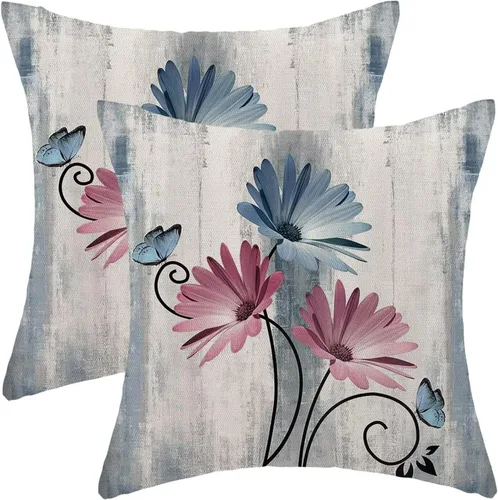 Vista 12 de Juego de 2 fundas de almohada florales de color salvia de 16 x 16 pulgadas, fundas de almohada decorativas con flores de margarita y mariposas