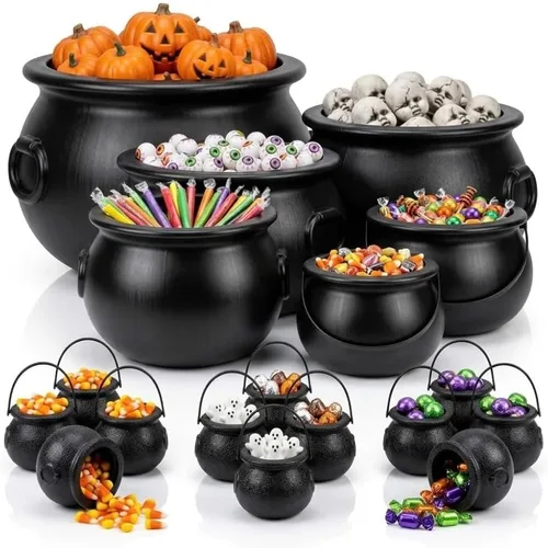 Vista 29 de PMU 2 piezas de caldero de Halloween – 10 pulgadas, 8 pulgadas, cuenco de caldero de plástico de bruja negro, para decoración de Halloween