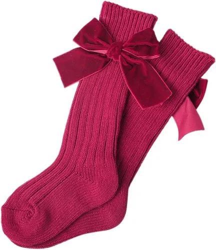 Vista 2 de Kayotuas Calcetines altos hasta la rodilla con lazos, calcetines de uniforme con volantes de tubo largo, calcetines de punto acanalado para bebés