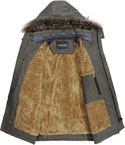 Vista 3 de Tanming - Abrigo de invierno para hombre con forro de piel sintética y capucha desmontable