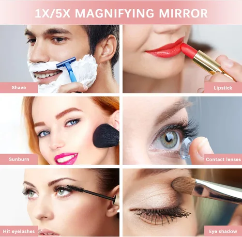 Vista 12 de Espejo compacto con iluminación LED, espejo de maquillaje de viaje de aumento 1X/5X de 4 pulgadas, espejo compacto portátil recargable con luz