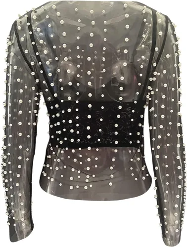 Vista 5 de Top sexy de malla transparente con perlas para mujer, top transparente de manga larga con diamantes de imitación
