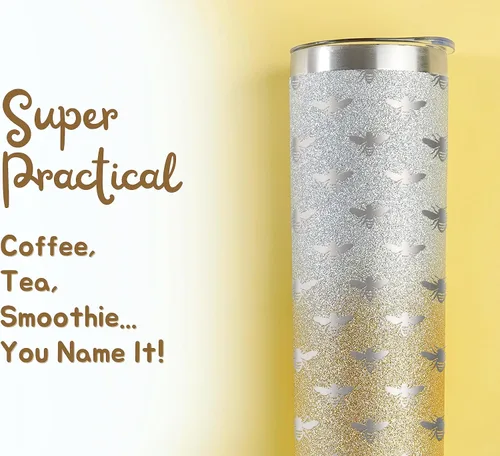 Vista 4 de Onebttl Regalos únicos de abejas para mujeres y niñas, vaso de acero inoxidable SS304 de 20 onzas con tapa y pajita, taza temática para ella