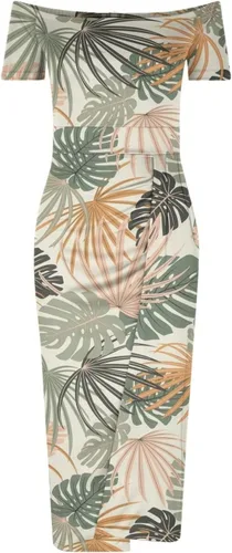 Vista 3 de Vestido largo para mujer, con hombros descubiertos, floral, para fiesta, con abertura, para verano, playa, hawaiano, tropical, elegante, vestido