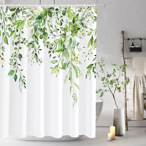 Vista 130 de Tititex - Juego de cortinas de ducha de eucalipto negro, hojas de acuarela gris en la parte superior, con decoración floral de baño, 60 x 72