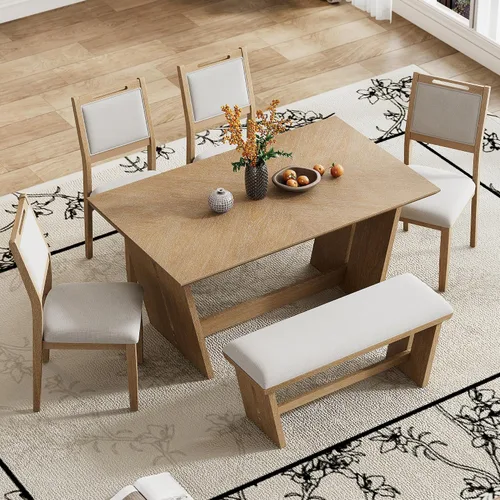 Vista 8 de Merax Juego de sillas de comedor de 6 piezas, mesa rectangular de madera de caucho retro con base de caballete diseñada y 4 sillas tapizadas y 1 Gris