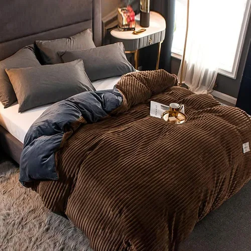 Vista 5 de Juego de ropa de cama Queen de pana, funda de edredón ultrasuave con 2 fundas de almohada, fundas de edredón tamaño matrimonial para cama doble Café