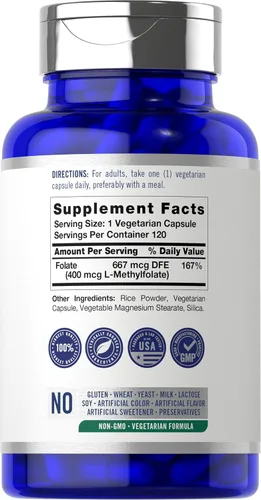 Vista 2 de Carlyle L Metilfolato 400 mcg 120 cápsulas vegetarianas Folato de metilo optimizado y activado Suplemento sin OMG y sin gluten por