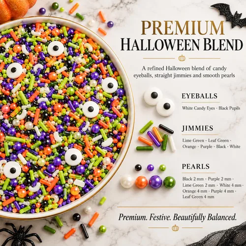 Vista 2 de Confect Mezcla de espolvorear de Halloween – Bolas de discoteca blancas, naranjas, moradas, negras y verdes, ojos de caramelo y jimmies – Gránulos
