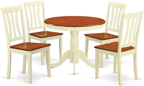 Vista 15 de East West Furniture ANTI3-BLK-W Juego de mesa y sillas de cocina de 3 piezas contiene una mesa de comedor redonda con pedestal y 2 sillas de asiento