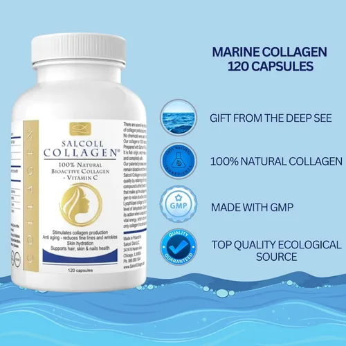 Vista 7 de Salcoll Pure Marine - Cápsulas de colágeno para la piel (120 unidades) – Suplemento antienvejecimiento para mujeres y hombres, aumenta el colágeno