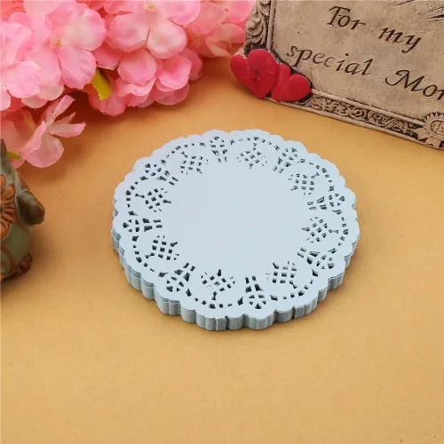 Vista 4 de DECORA Tapones redondos de encaje de papel azul de 3.5 pulgadas para decoración de vajilla, paquete de 100